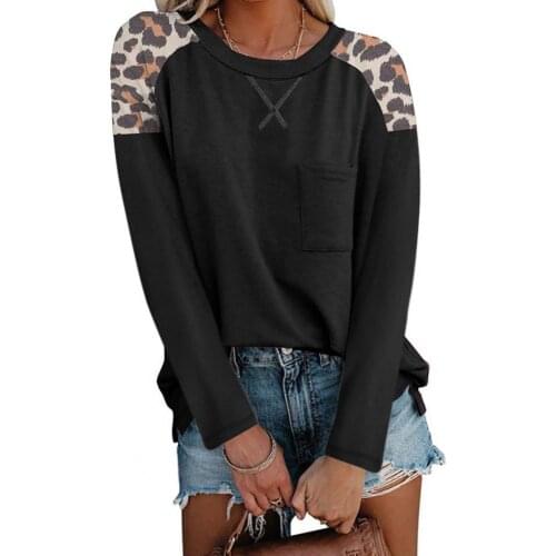 Leopard Print Women T-shirt Stitching Long Sleeve Autumn Crew Neck Pocket Pullover Top Streetwear