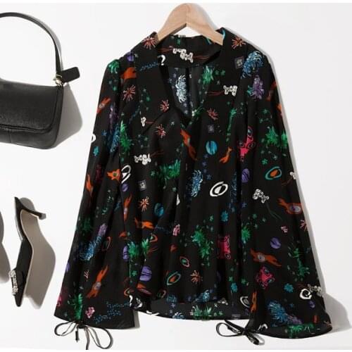 Ladies Silk Blend Floral Printed V Neckline Blouse Top Sleeve Cuff With Ties