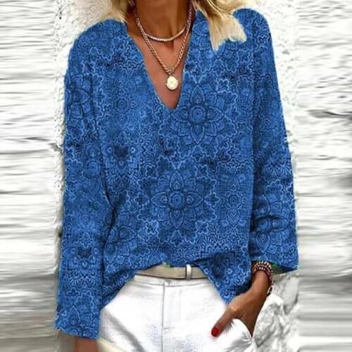 Autumn Vintage Floral Pattern Printed Lady T-shirts Elegant V-Neck Long Sleeve Tops Blouses Spring Women Casual Fashion Pullover