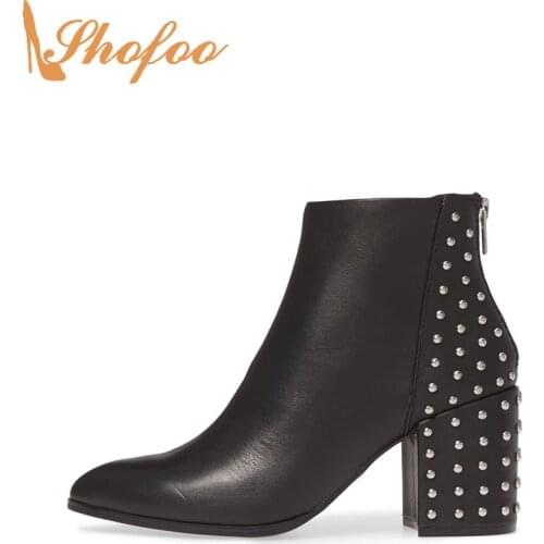 Black High Chunky Heels Ankle Boots Woman Pointed Toe Zipper Ladies Booties Large Size 13 15 Fashion Rivet Mature Shoes Shofoo