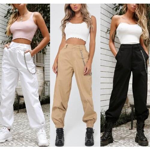 Women Pants High Waist Casual Chain Solid Color Cargo Harem Pants Leggings Trousers Overalls Hip-hop Cool Clothing