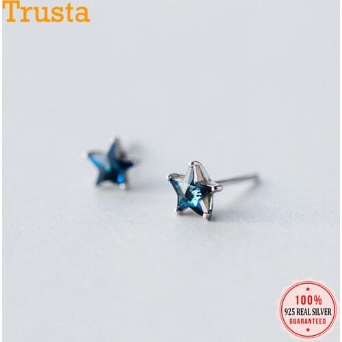 Trustdavis Real 925 Sterling Silver Fashion Cute Blue CZ Stone Star Stud Earrings Gift For Women Girls Kids Lady Jewelry DS351