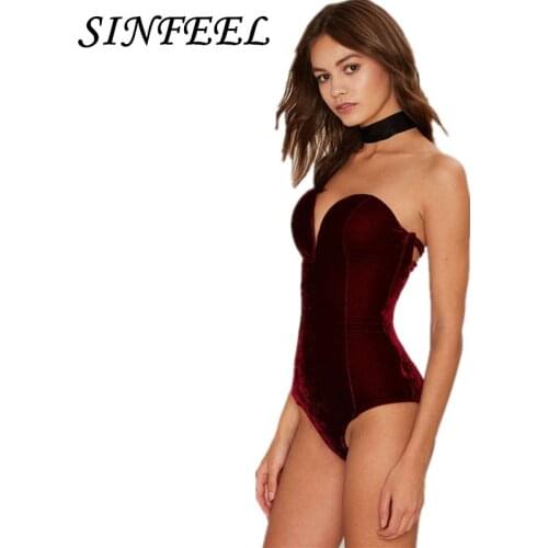 SINFEEL Sexy Velour Bodysuit 2018 Women Lace up Backless Bodycon body feminino Overalls Rompers Women Jumpsuit combinaison femme