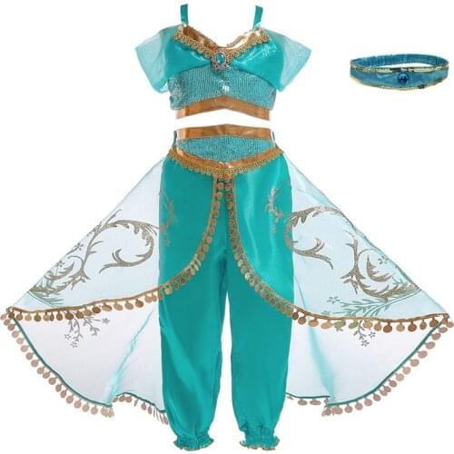 Girls Sequined Flower Printed Arabian Jasmine Princess Cosplay Costume Princess Dress Halloween Cosplay Top+Pants+Headband