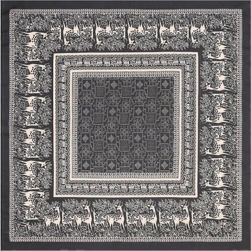 POBING 100% Silk Scarf Woman Forest Deer Print Square Scarves Ins Luxury Bandanas Small Hijab Foulards Lady Tie Headband 53x53CM