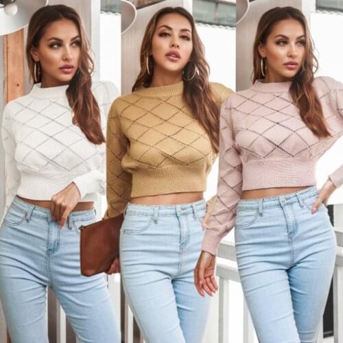 Sweaters Women Spring Autumn Solid Color Hollow Out O-Neck Pullovers Korean Fashion Long Lantern Sleeve Slim Short Knitted Tops