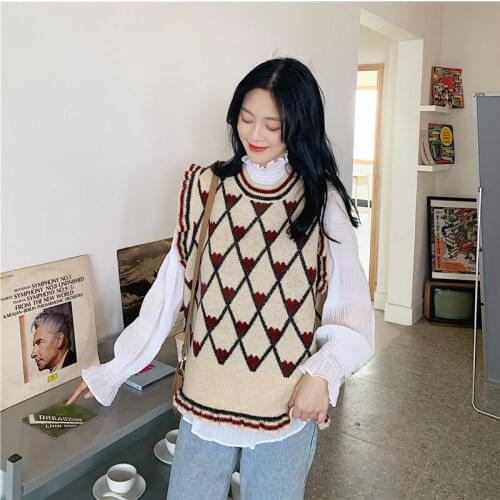 Women Sweater Vest 2021 Spring Korean Style Cute Hearts Pattern Ruffles Knitted Sleeveless Pullover Tank Tops Waistcoat T485