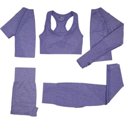 2/3/5PCS Seamless Women Sport Set Workout Sportswear Gym Clothing Fitness High Waist Leggings Long Sleeve Crop Top Sports Suits