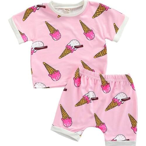 2Pcs Baby Girls Summer Outfits, Cute Ice Cream Print Short Sleeve T-Shirts + Shorts Set 0-24M