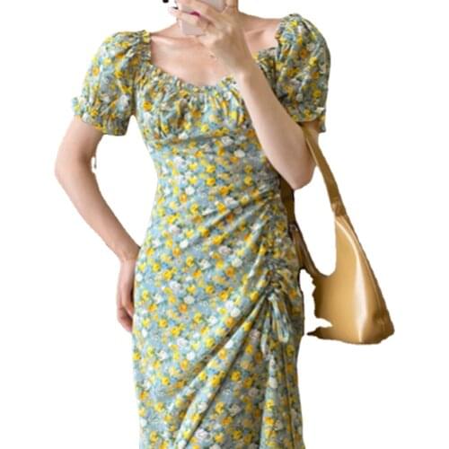 2021 Summer Women square neck Print show shoulder dress puff short sleeve orange floral folds backless slim elegant midi-skirt