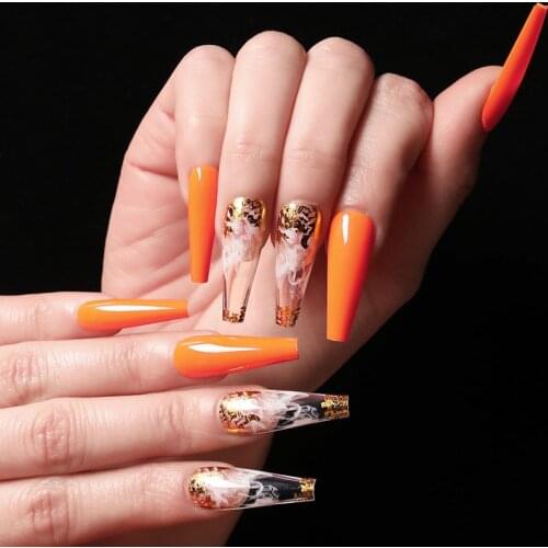 24pcs/Set Pretty Foils Decals False Nails European Long Orange Pink Coffin Shaped Full Acrylic Fake Nails with Glue Faux Ongles