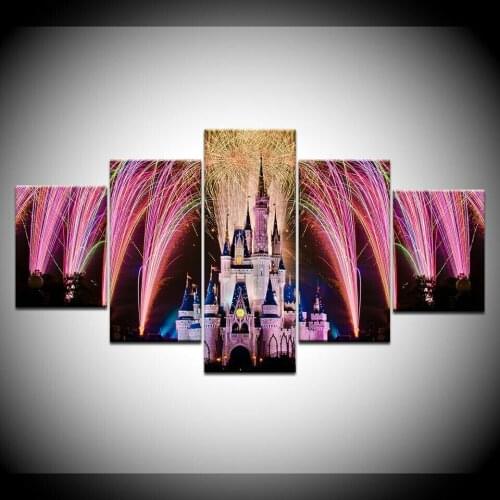 Castle Fireworks Kid Children 5 Panel Canvas Picture Print Wall Art Canvas Painting Wall Decor for Living Room Poster No Framed