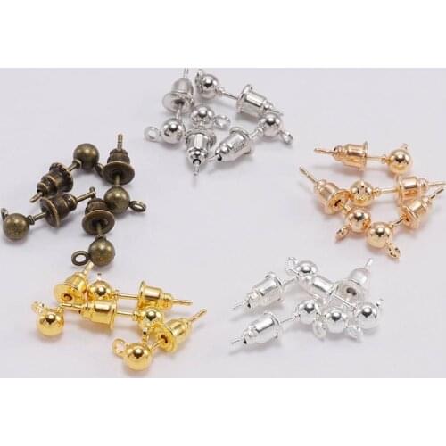 50Pcs/lot 3-5mm Gold Rhodium Earring Studs Ball Post Earrings With Bullet Back Stopper Connector For DIY Jewelry Making Supplies