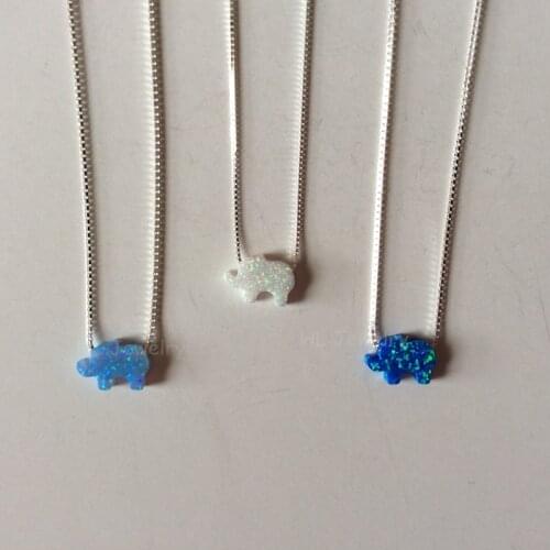 Promotion 925 Sterling Silver Opal Elephant Necklace White Blue Cute Elephant Synthetic Opal Necklace