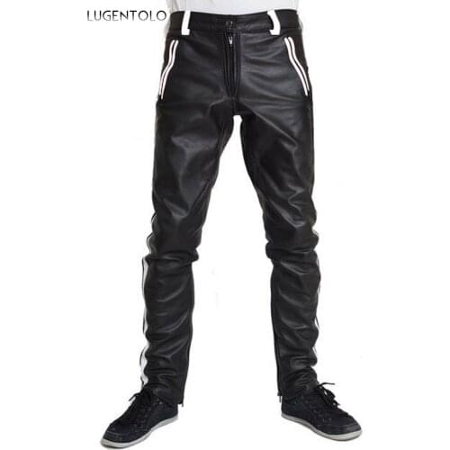 Autumn PU Faux Leather Pants Men Large Size Zipper Straight Casual Trousers Stripe Mens Street Mid Waist PU Pants Lugentolo