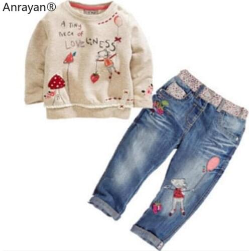 2020 New Baby Girls Boys Clothes Korean Version Of Autumn Cute Girl Casual Floral Long-sleeved Denim Suit Clothing Set