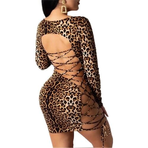 European and American Super Sexy Nightclub Leopard Print Halter Lace-up Hip Short Dress Maxi Dresses for Women Summer Dress