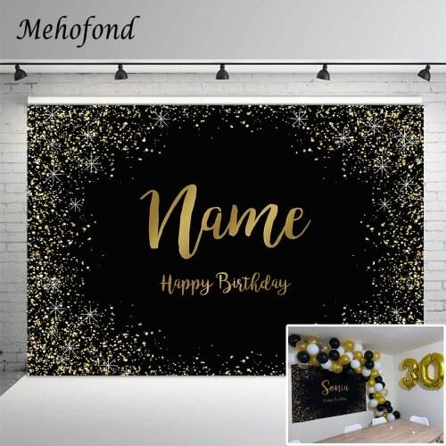Mehofond Gold Happy Birthday Party Backdrop Black Glitter Sands Name Custom Photography Background Photo Studio Decoration Props