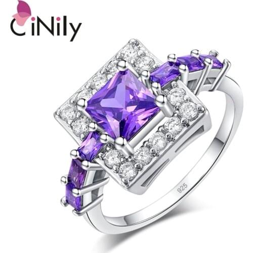 CiNily Luxury Full Crystal Stone Princess Ring Silver Plated Cut Zircon Purple Violet Square Engagement Jewelry Girl Women Gift