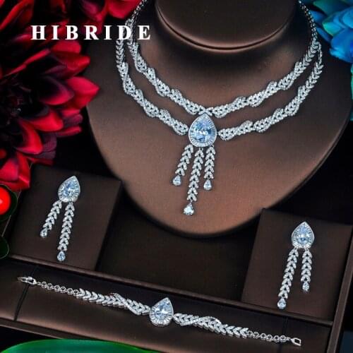 HIBRIDE Charm 5 Colors Full CZ Stone Jewelry Sets For Women Bridal Wedding Sets 4 pcs Earring Necklace Ring Bracelet Gift N-396