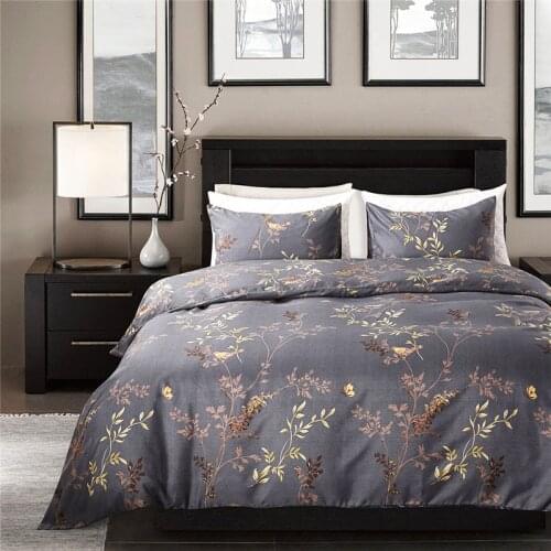 Modern Style Grey Color Bedding Set King Size Bronzing Flower and Birds Pattern Duvet Cover Set Exquisite Luxury Home Textiles