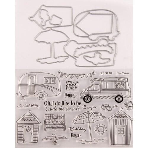 Summer Travel House Car Stamp and Dies Transparent Clear Silicone Stamp Cutting Die Set for DIY Scrapbooking Photo Decorative