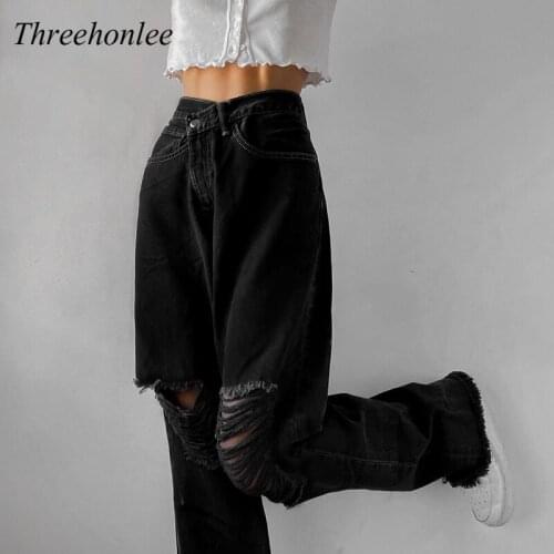 Fashion Korean Holes High Waist Women Jeans High Quality Vintage Casual Loose Trousers Joggers Women Denim Pants