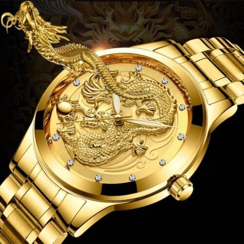 Men Waterproof Luminous Quartz Watch Luxury Gold Dragon Dial with Steel Leather Strap New NK-Shopping