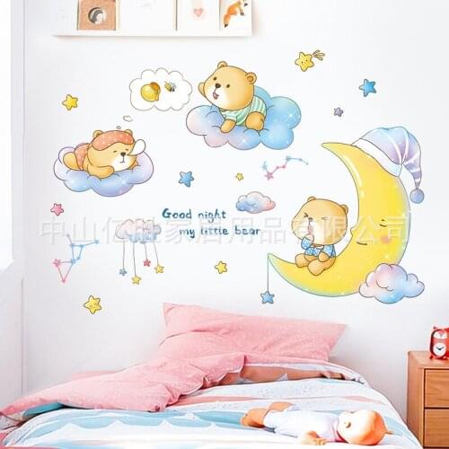New Moon Bear Cartoon Wall Stickers Fo'r Baby Bedroom Kindergarten Background Art Mural Support a Generation of Hair