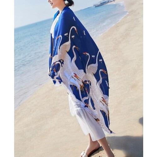 2021 Fashion Women Lady Girl Spring Autumn Scarves Long Silk Scarves Shawls Sunscreen Beach Towels Printed Long White Swan Scarf