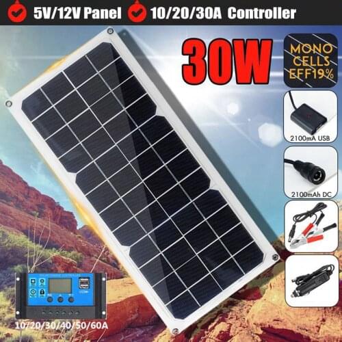 30W Portable Solar Panel Kit 12V /5V USB Power Polycrystalline Solar Cells Phone Charger Outdoor Cycle Camping Hiking for Travel