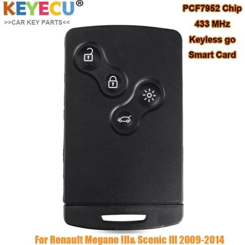 KEYECU Smart Card Keyless-Go Remote Control Car Key for Renault Megane III Scenic lll, Fob 4 Buttons - 433MHz - PCF7952 Chip