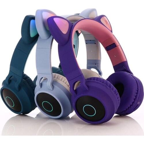 Cute Cat Ear Bluetooth-compatible5.0 Foldable On-Ear Stereo Headset with Mic LED Light for FM Radio TF Card Smartphone PC Tablet
