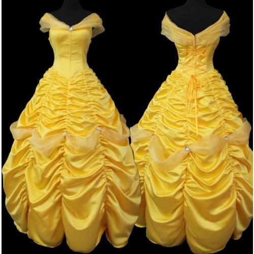 Movie Beautiful Girl And Beast Princess Belle Yellow Pleated Dress Halloween Carnival Ball Gown Adult Women Cosplay Costume