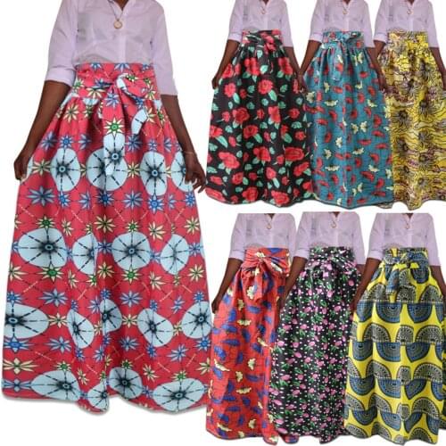 Women African Traditional Floral Print Type Long Skirt With Belt High Waist Casual Boho Beach Maxi Skirt