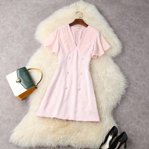 European and American womens wear for summer 2021 Short-sleeved flared sleeve V-neck Fashionable pink dress with fine buttons