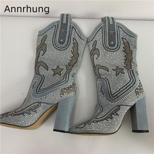 Size 38 Sexy Jeweled Rhinestone Knee-high Boots Sexy Pointed Toe Chunky Heel Denim Blue Slip-on Runway Boots Women