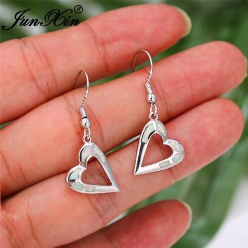 Female Big Heart Drop Earrings Boho White Blue Fire Opal Earrings For Women Bride Cute White Gold Wedding Long Dangle Earrings