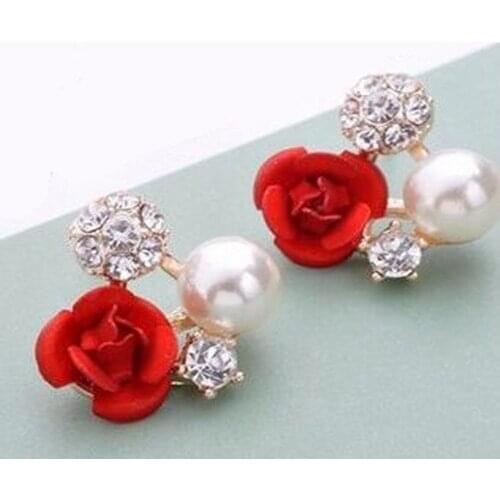 Ex863 Korean version Fashion Temperament Crystal alloy imitation pearl Roses Flower studs earrings 2021 trend Womens Jewelry
