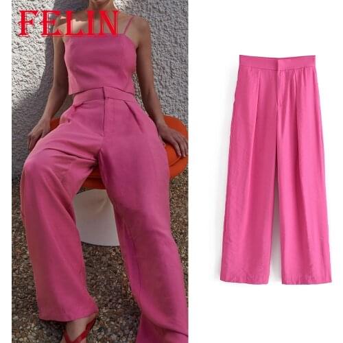Women Chic Pink Vintage Pants Za 2021 Wide Leg High Waist Loose Elegant Trousers Streetwear Zipper Fashion Pants