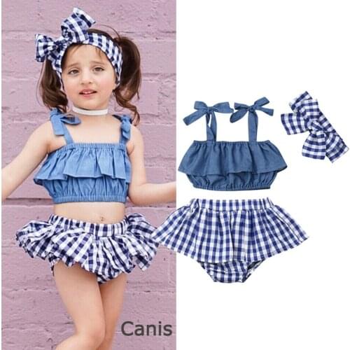 3PCS Infant Kid Baby Girl Clothes Strap Vest Tops+Plaids Shorts+Headband Outfit Set Summer Girls Clothing