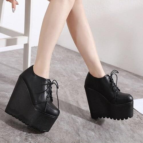 2020 Wedges Ankle Boots White Black Rubber Sole Shoes Platform Boots Women Lacing Autumn Platform Heels Shoes Heel 16 cm