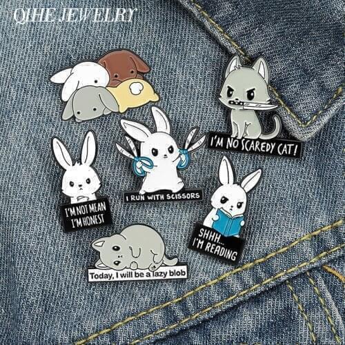 Bunny Enamel Lapel Pins Cat Metal Brooches Kitty Dagger Scissors Book Badges Hat Bag Backpack Accessories Jewelry Drop shipping