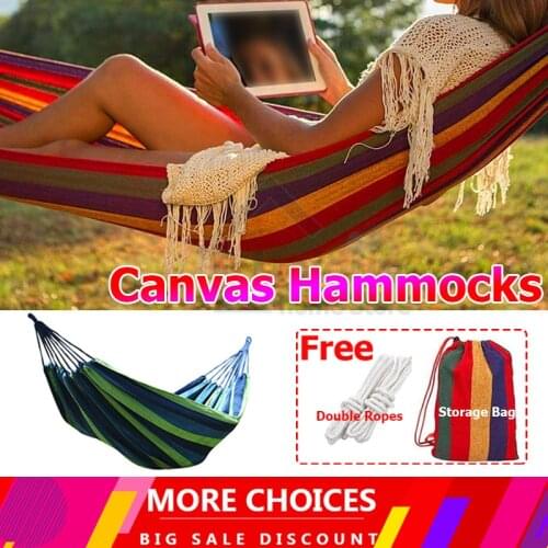 Anti-Rollover Rainbow Hammock Outdoor Portable Canvas Fabric Camping Striped Hammocks Tree Swing Children Adult Hanging Bed