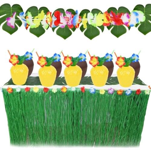 Hawaiian Table Grass Skirt 276 cm Luau Birthday Baby Shower Theme Party Table Cloth Decor Green Hibiscus Table Skirt 1Set