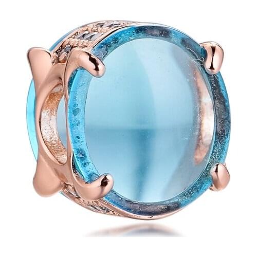 Valentines Day Blue Oval Cabochon Charm Rose Gold Jewelry Fits Original Charm Bracelet & Necklace Woman DIY Bead