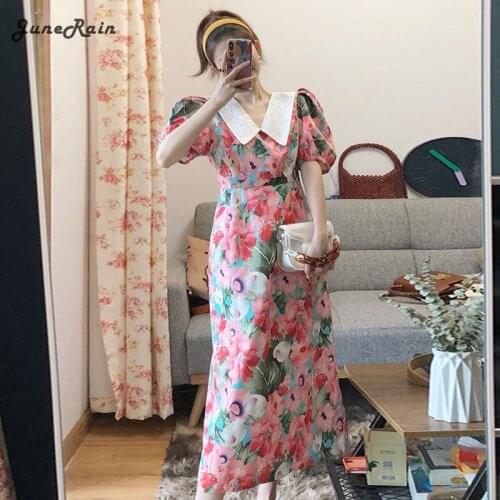 JuneRain French Style Vintage Floral Print Peter Pan Collar Puff Sleeve Long Maxi Dress Boho Dress Casual Lady Party Pink Dress