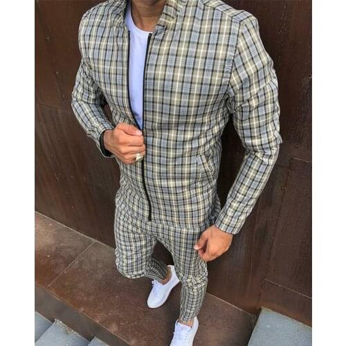 Men' 3D Plaid Sports Suit Gentlemen Sets Jacket Men Set Tracksuit fitness Fashion Zipper 2 Pieces Mens Sets Sportswear Suit men
