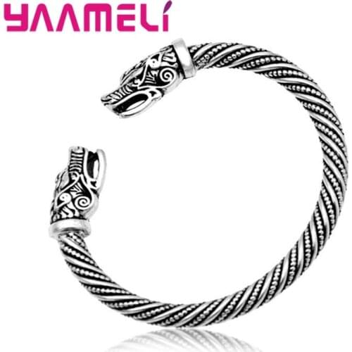 New Arrival 925 Sterling Silver Mens Bangle Punk Style Fashion Dragon Head Cuff Bracelets Costume Party Jewelry