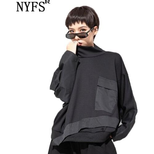 NYFS 2021 New Spring Autumn Womam T-Shirts Black Color Tops Loose Patch Pockets Blusas Camisa Mujer